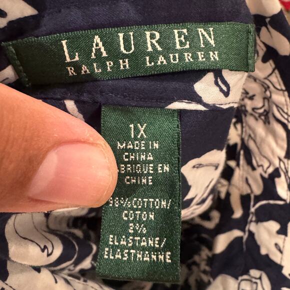 Lauren Ralph Lauren 1X Navy White Floral Button Front Stretch Cotton Shirt - Picture 4 of 9